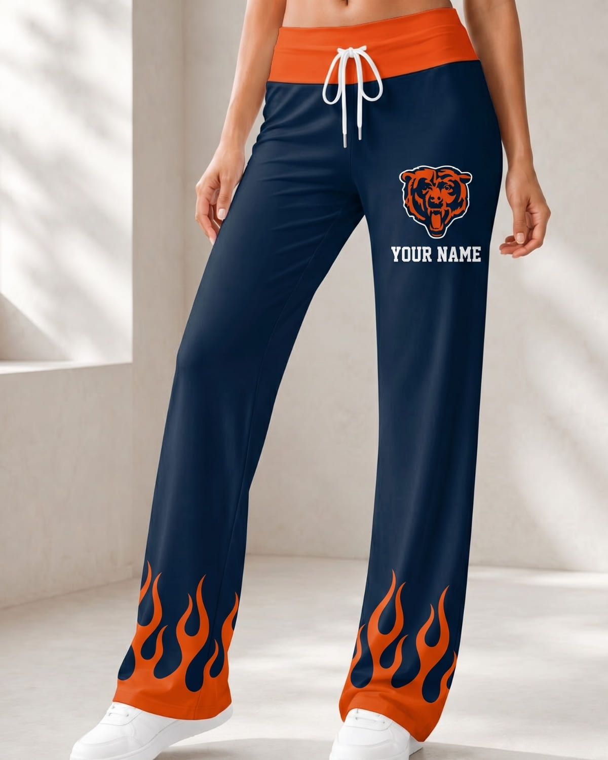 Personalized Chicago Bears Flame Hem Comfy Women’s Pants – Custom Name | NFL Fan Outfit