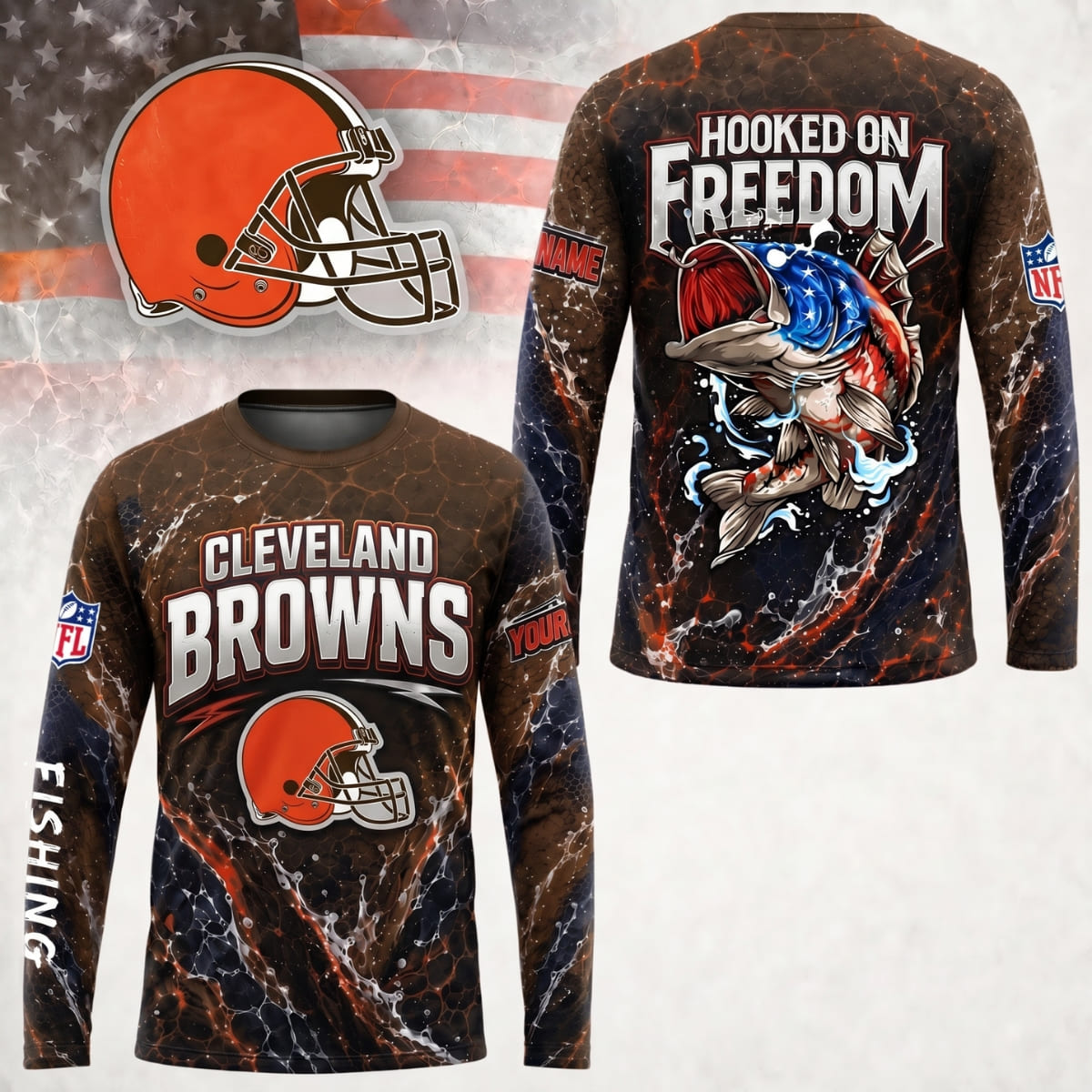Personalized Cleveland Browns Hooked on Freedom Long Sleeve Shirt – Custom Name | NFL x Fishing