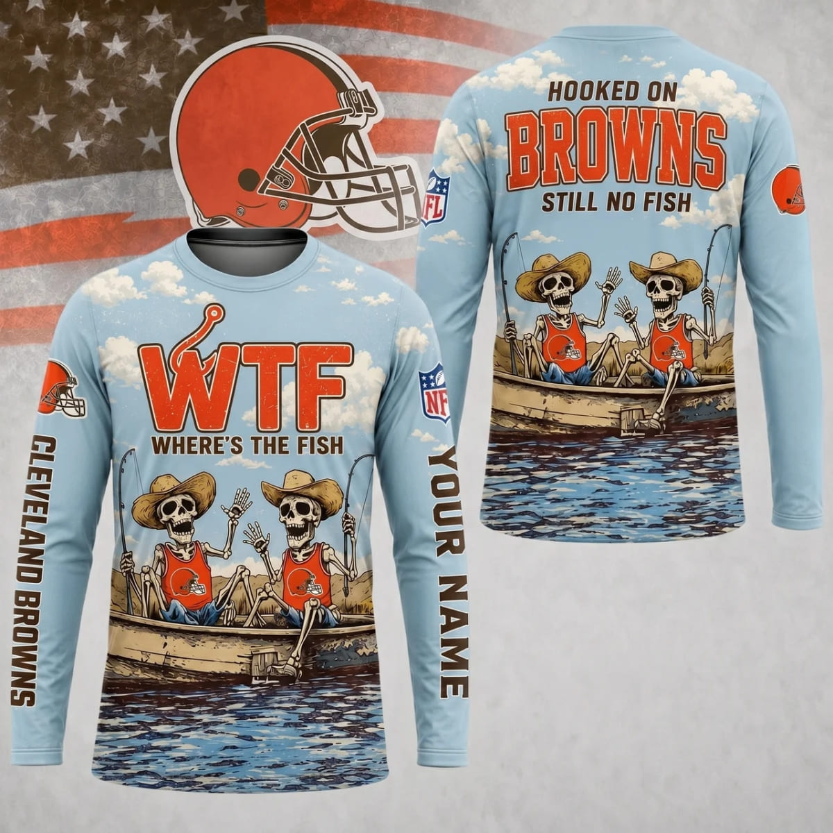 Personalized Cleveland Browns Where’s The Fish Long Sleeve Shirt – Custom Name | NFL x Fishing