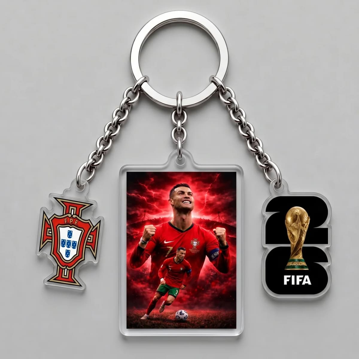 Cristiano Ronaldo Red Storm Action Triple Charm Keychain | World Cup 2026