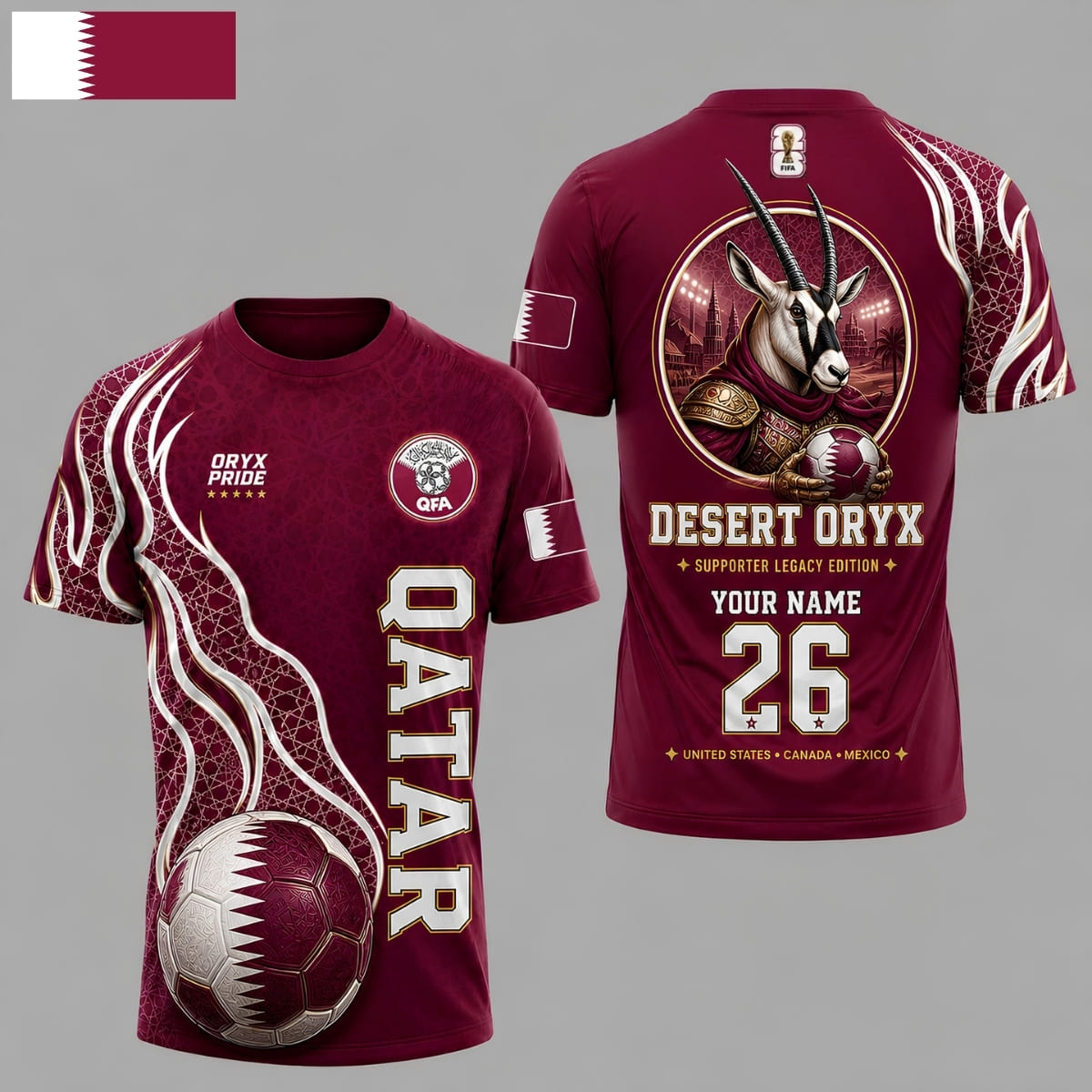 Personalized Qatar Desert Oryx World Cup 2026 Unisex T-Shirt – Custom Name & Number