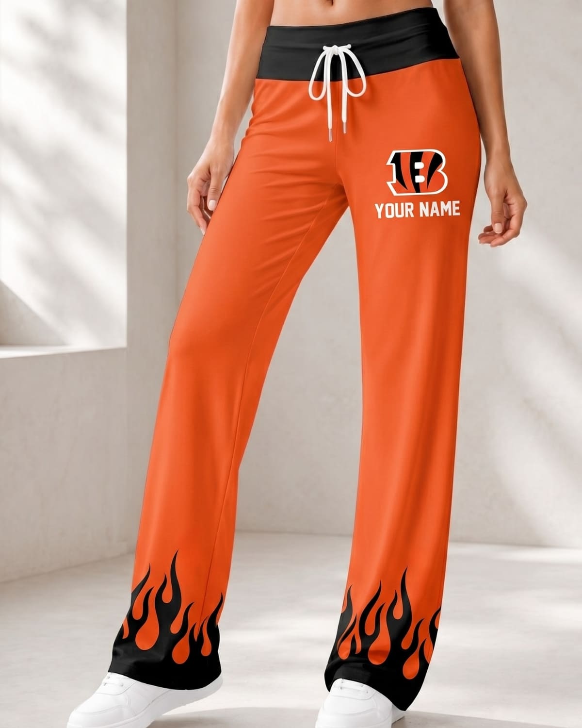 Personalized Cincinnati Bengals Flame Hem Comfy Women’s Pants – Custom Name | NFL Fan Outfit