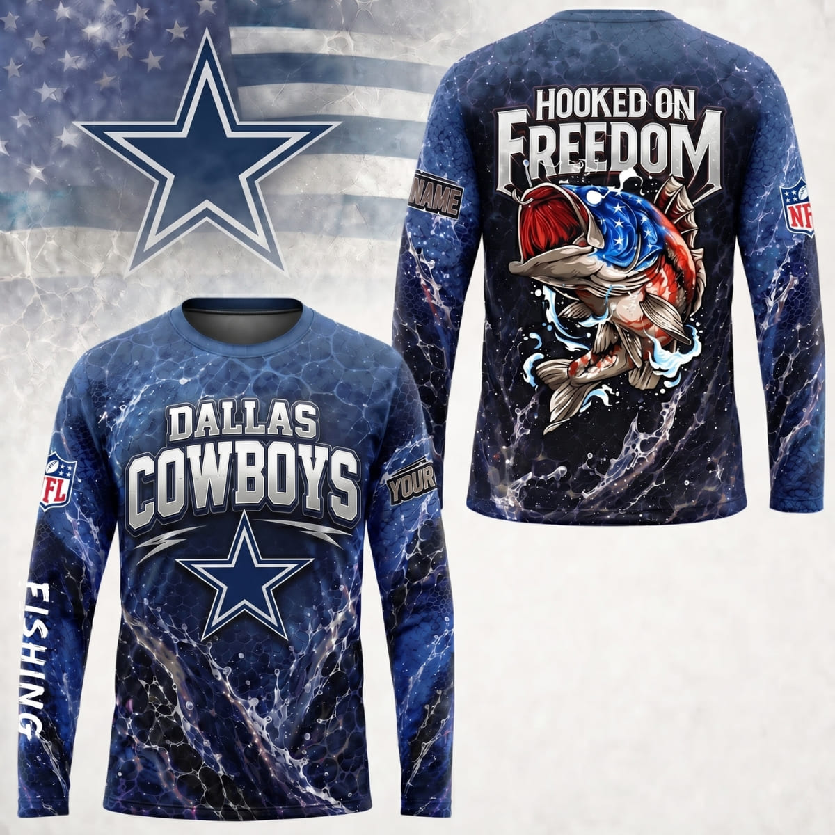 Personalized Dallas Cowboys Hooked on Freedom Long Sleeve Shirt – Custom Name | NFL x Fishing