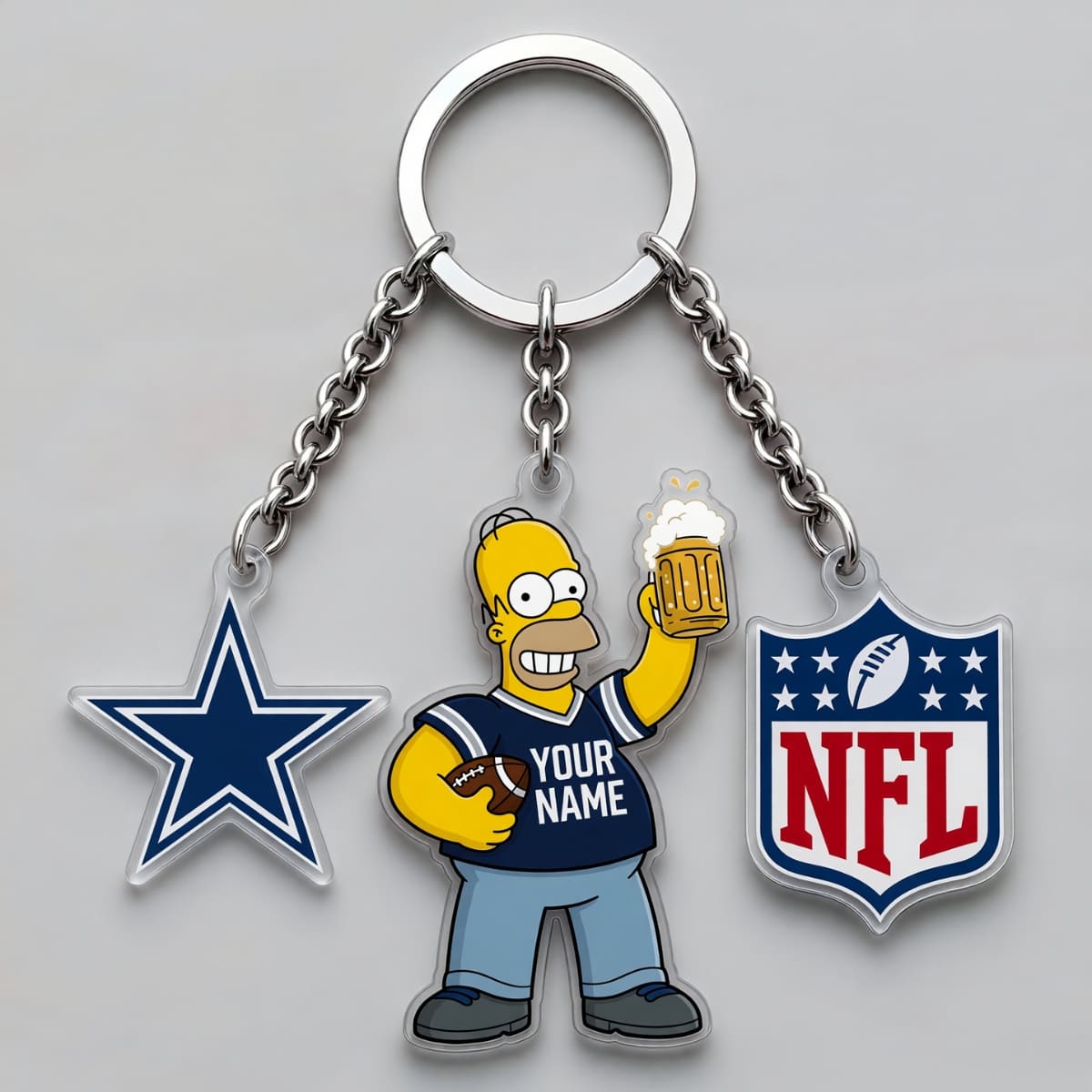 Personalized Dallas Cowboys x The Simpsons Triple Charm Keychain - Custom Name | NFL Fan Gift