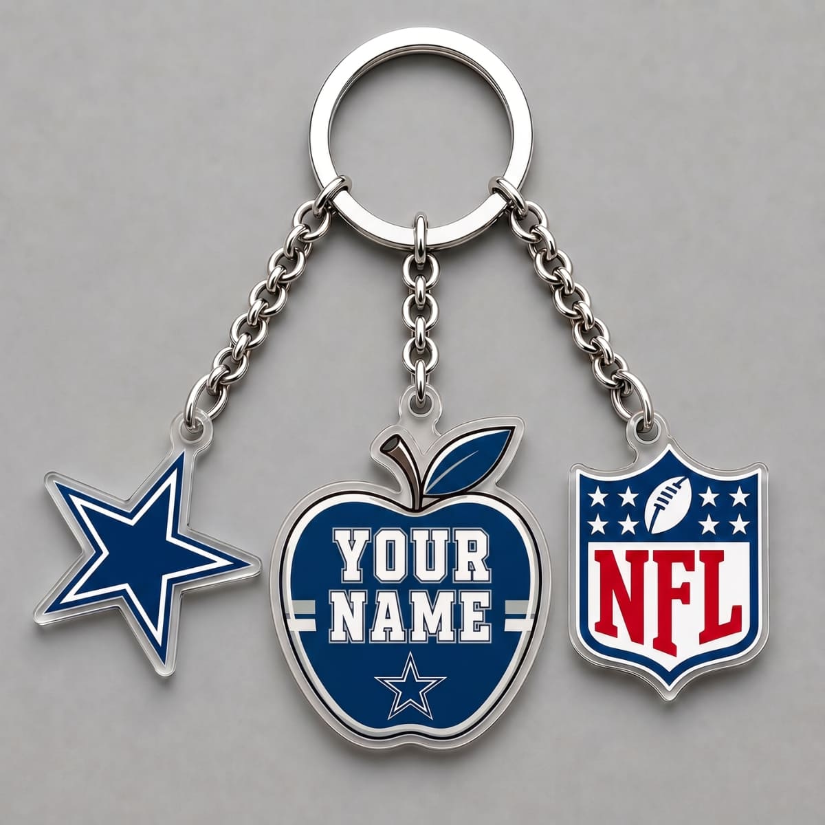 Personalized Dallas Cowboys Back to School Apple Triple Charm Keychain – Custom Name | NFL Fan Gift