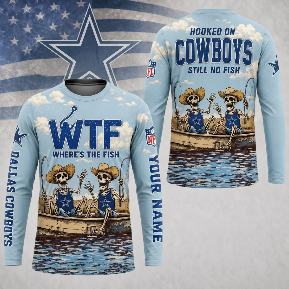 Personalized Dallas Cowboys Where’s The Fish Long Sleeve Shirt – Custom Name | NFL x Fishing