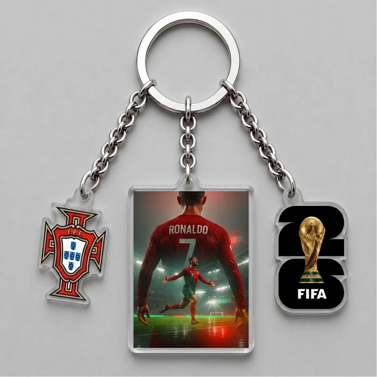 Cristiano Ronaldo Number 7 Stadium Back View Triple Charm Keychain | World Cup 2026