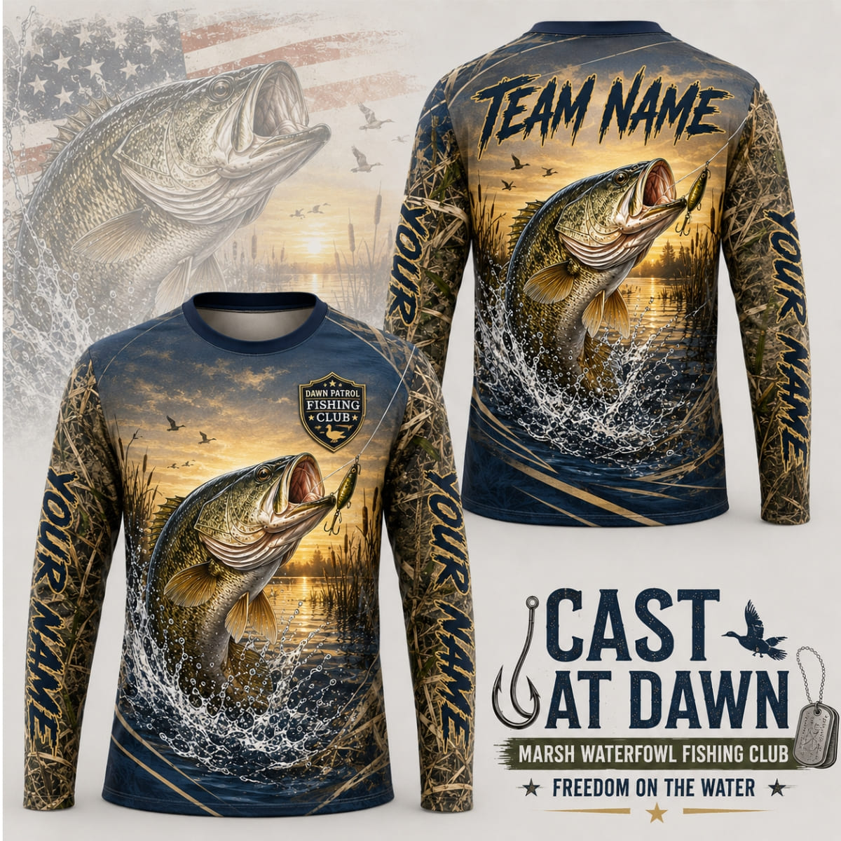 (12 Fish Types) Personalized American Flag Fishing Club Fan Fishing Shirt – Custom Name & Team Name