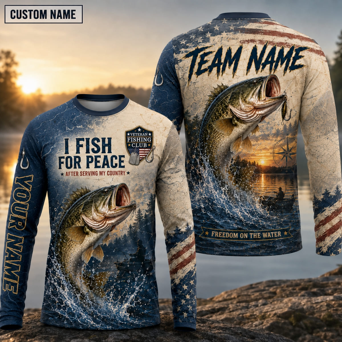 (12 Fish Types) Personalized Veteran Fishing Club American Flag Fishing Shirt – Custom Name & Team Name