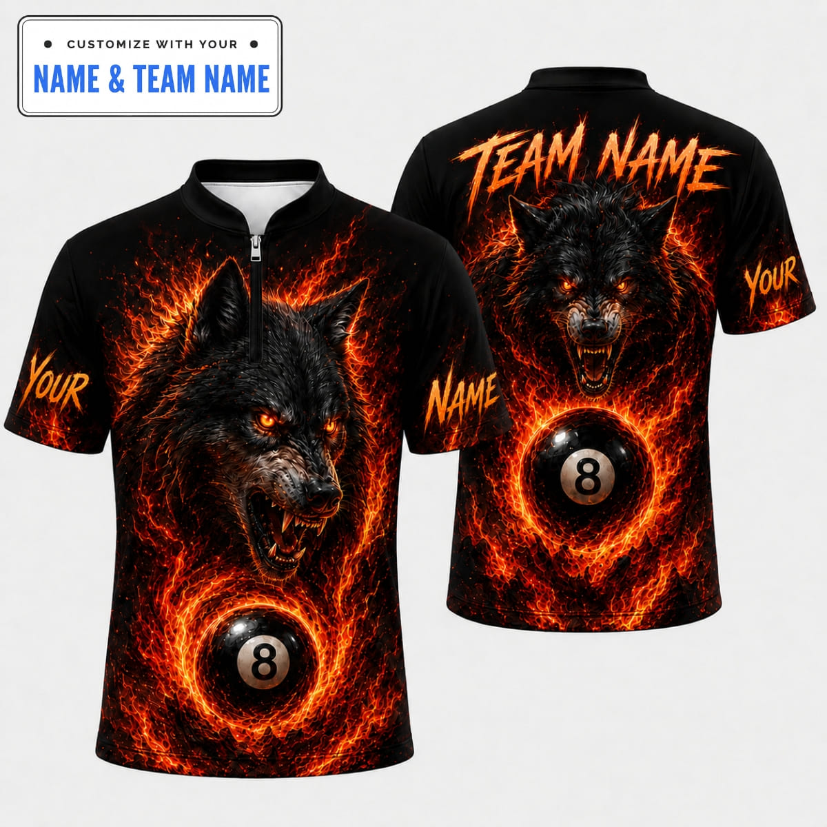 Personalized Flaming Wolf 8 Ball Billiards Shirts - Custom Name & Team Name