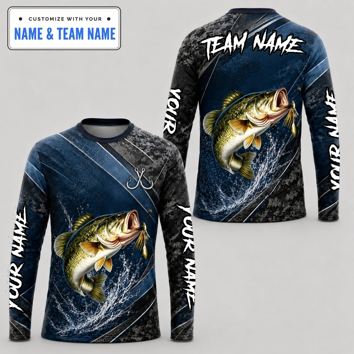 (12 Fish Types) Personalized Vibrant Intense Digital Camo Fishing Shirt – Custom Name & Team Name FS08