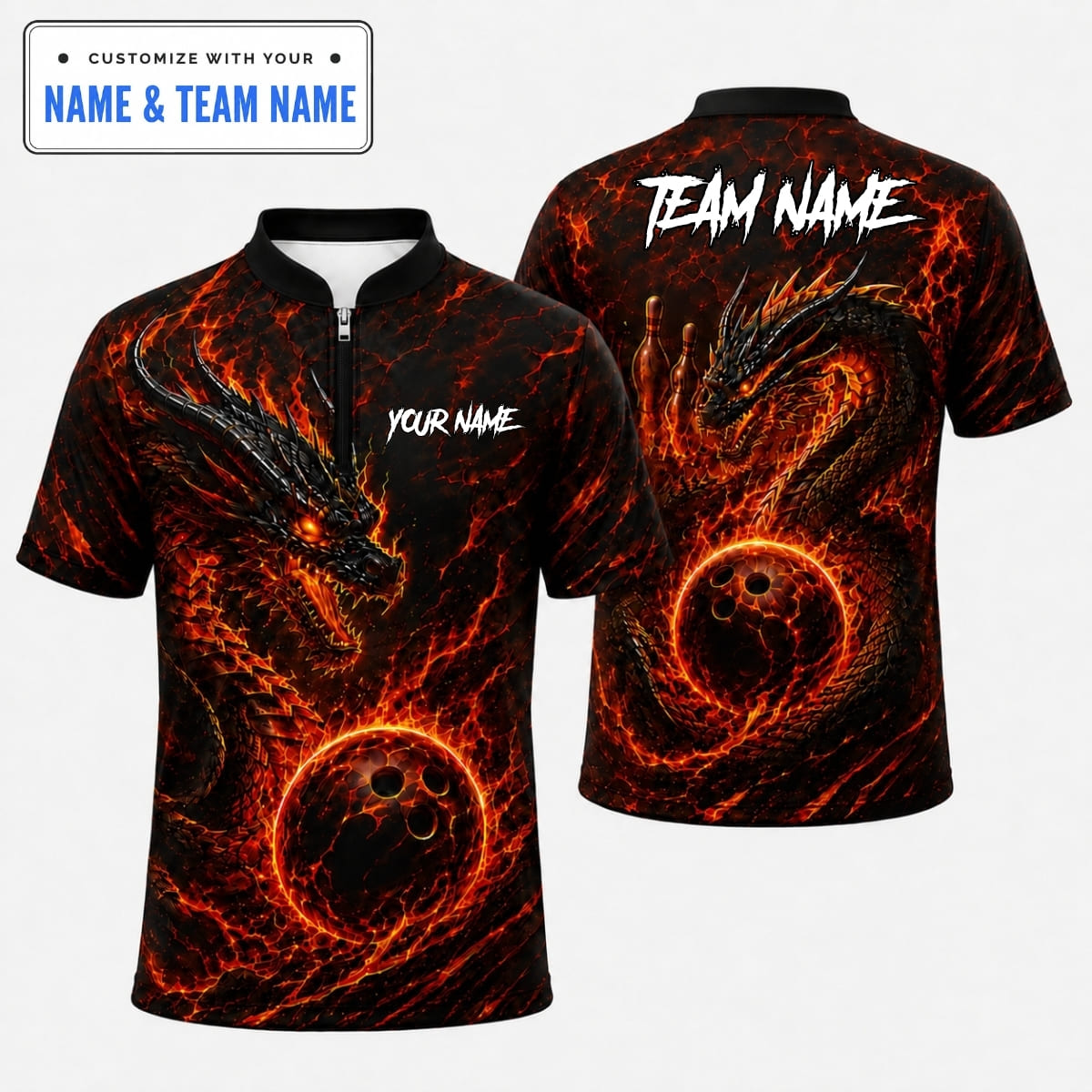 [5 Colors] Personalized Badass Fiery Dragon Bowling Shirts - Custom Name & Team Name