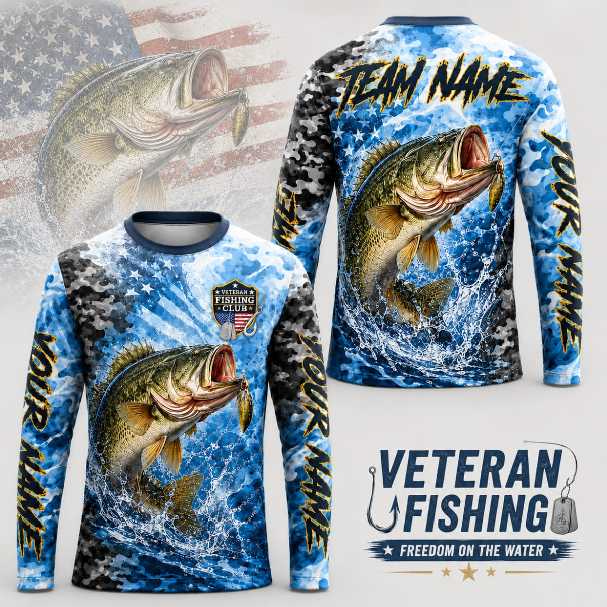 (12 Fish Types) Personalized Veteran Fishing Club American Flag Fishing Shirts – Custom Name & Team Name