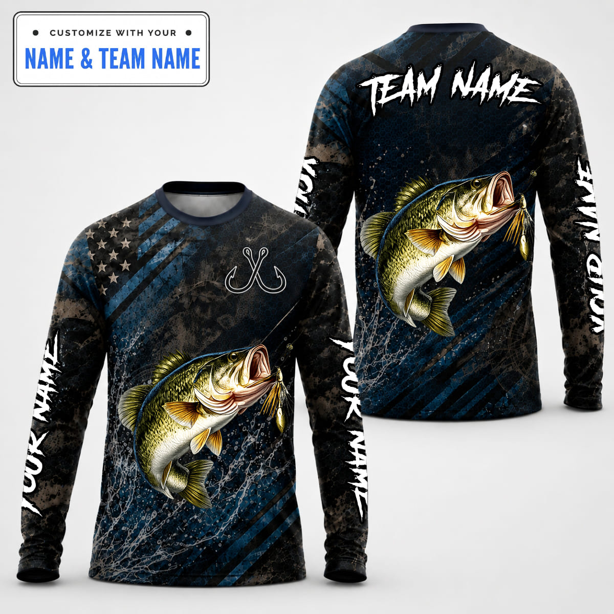 (12 Fish Types) Personalized Honeycomb Grid & Dynamic Diagonal Stripes Fishing Shirt – Custom Name & Team Name FS08