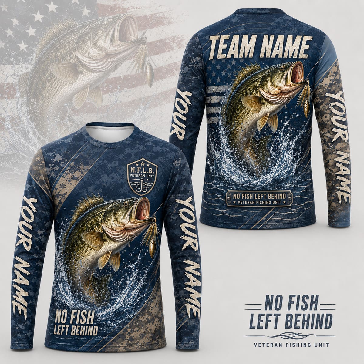 (12 Fish Types) Personalized Veteran Fishing Club American Flag Fishing Shirt – Custom Name & Team Name