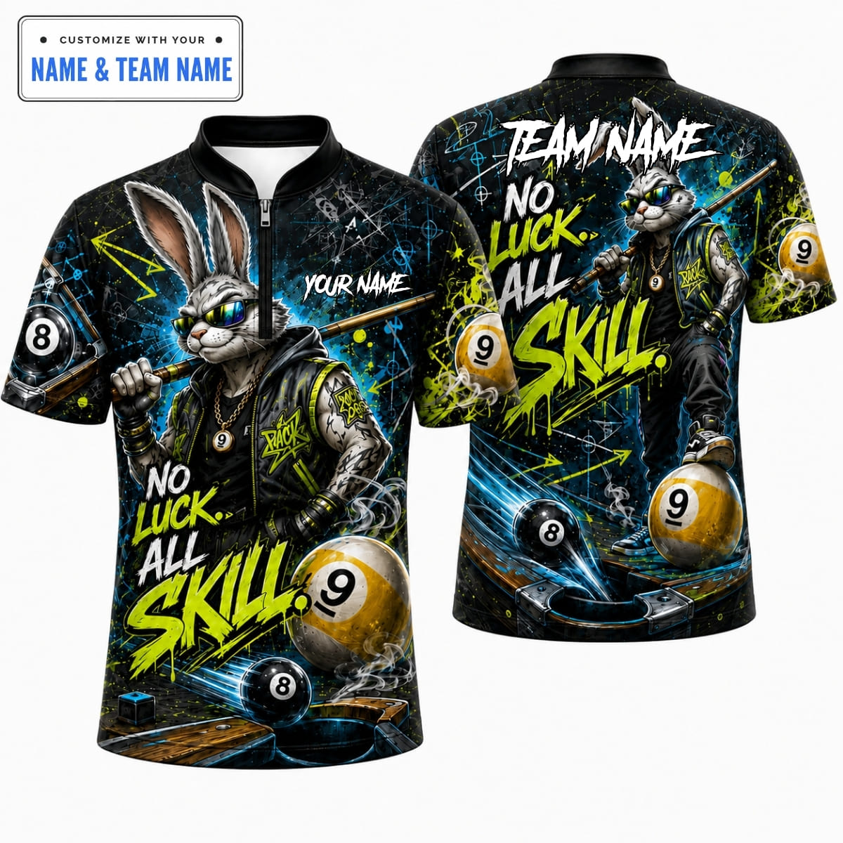 [5 Colors] Personalized Hip Hop Rabbit Hustler No Luck All Skill Billiards Shirts – Custom Name & Team Name