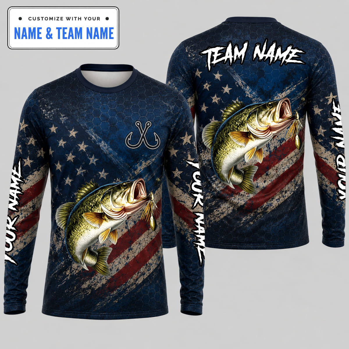(12 Fish Types) Personalized Modern Ultimate Distressed US Flag Honeycomb Fishing Shirt – Custom Name & Team Name FS08