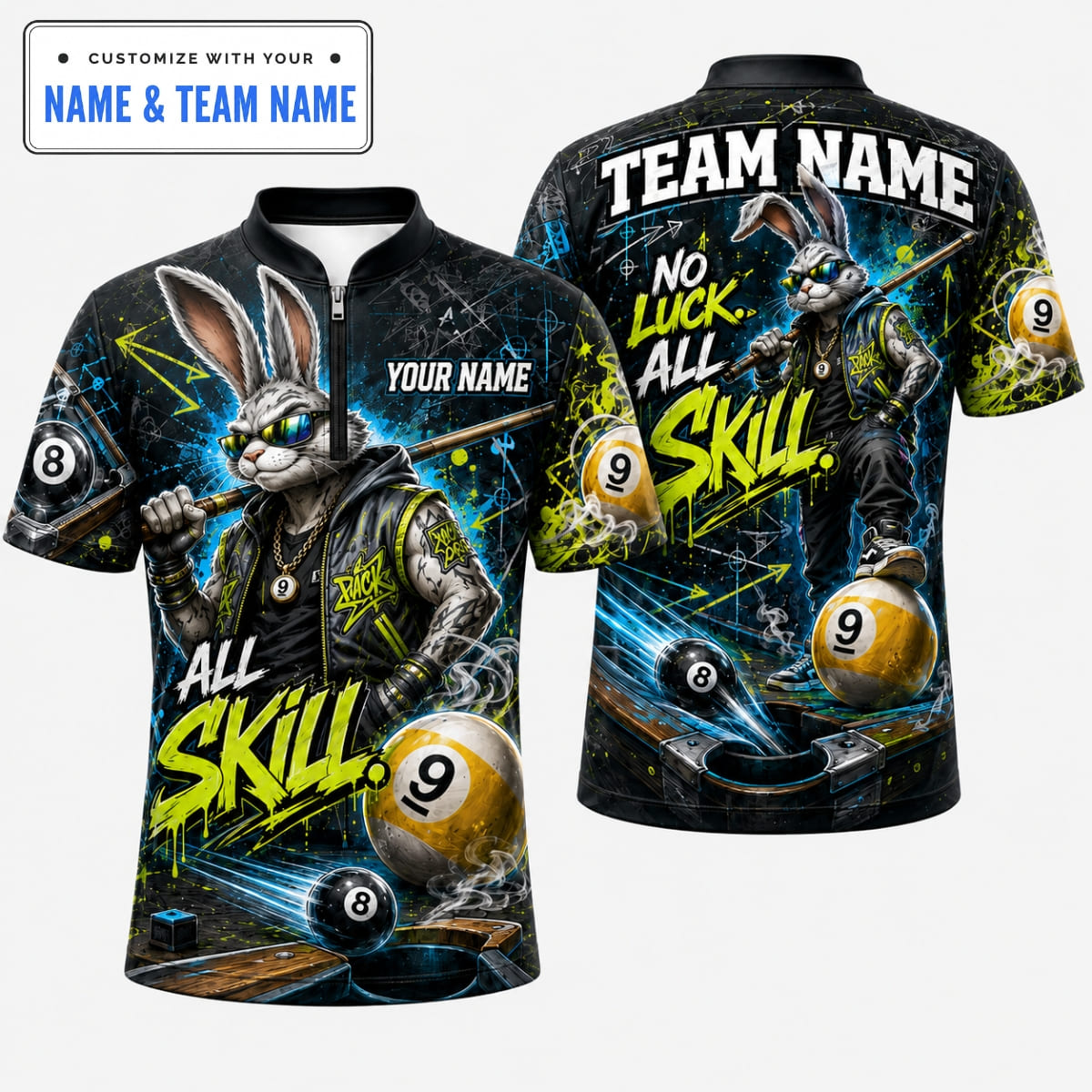 Personalized Hip Hop Rabbit Hustler No Luck All Skill Billiards Shirts – Custom Name & Team Name