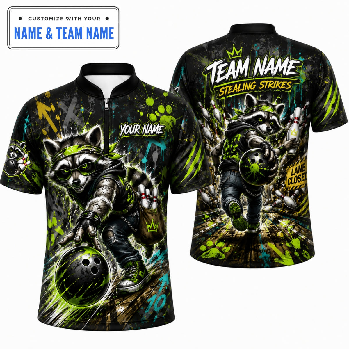 Personalized Raccoon Stealing Strikes Bowling Shirt – Custom Name & Team Name