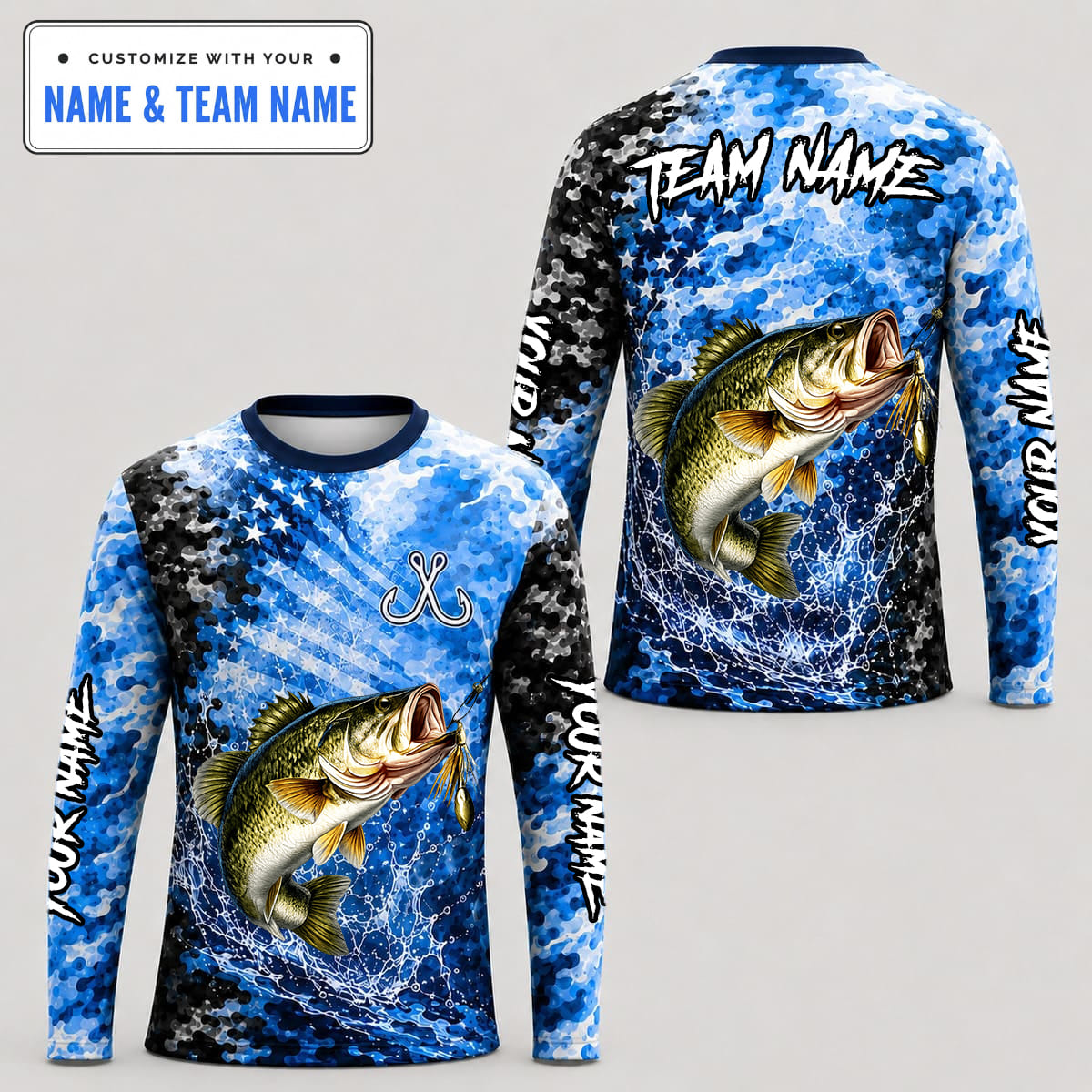 (12 Fish Types) Personalized Fishing Shirt – Custom Name, Team Name & Fish Design on Front and Back, American Camo Long Sleeve Fishing Jersey FS08