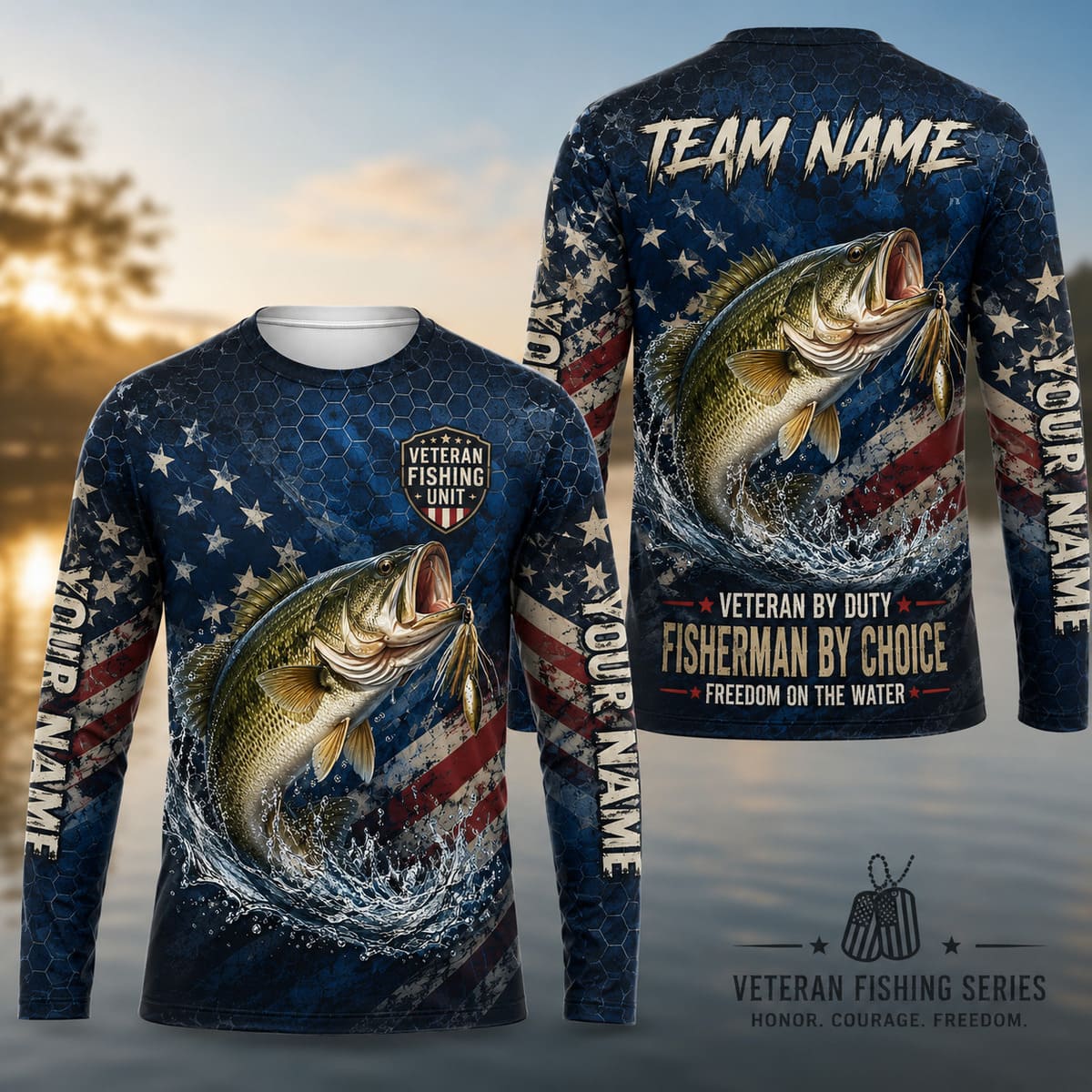 (12 Fish Types) Personalized Veteran Fishing Club American Flag Fishing Shirt – Custom Name & Team Name