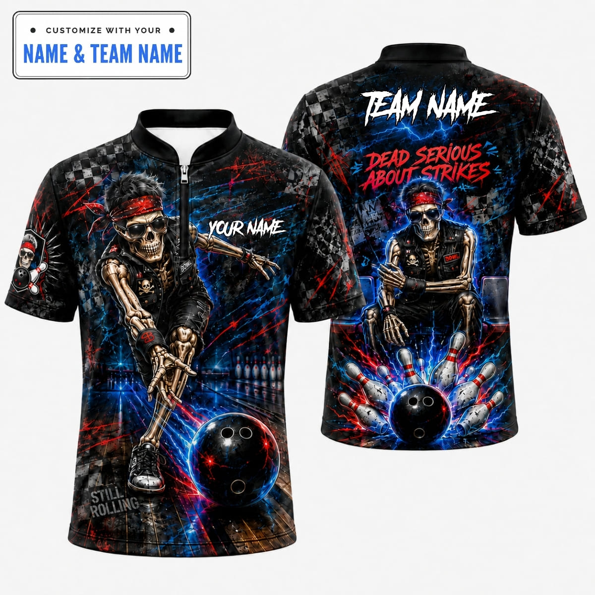 Personalized Biker Skeleton Dead Serious About Strikes Bowling Shirt – Custom Name & Team Name