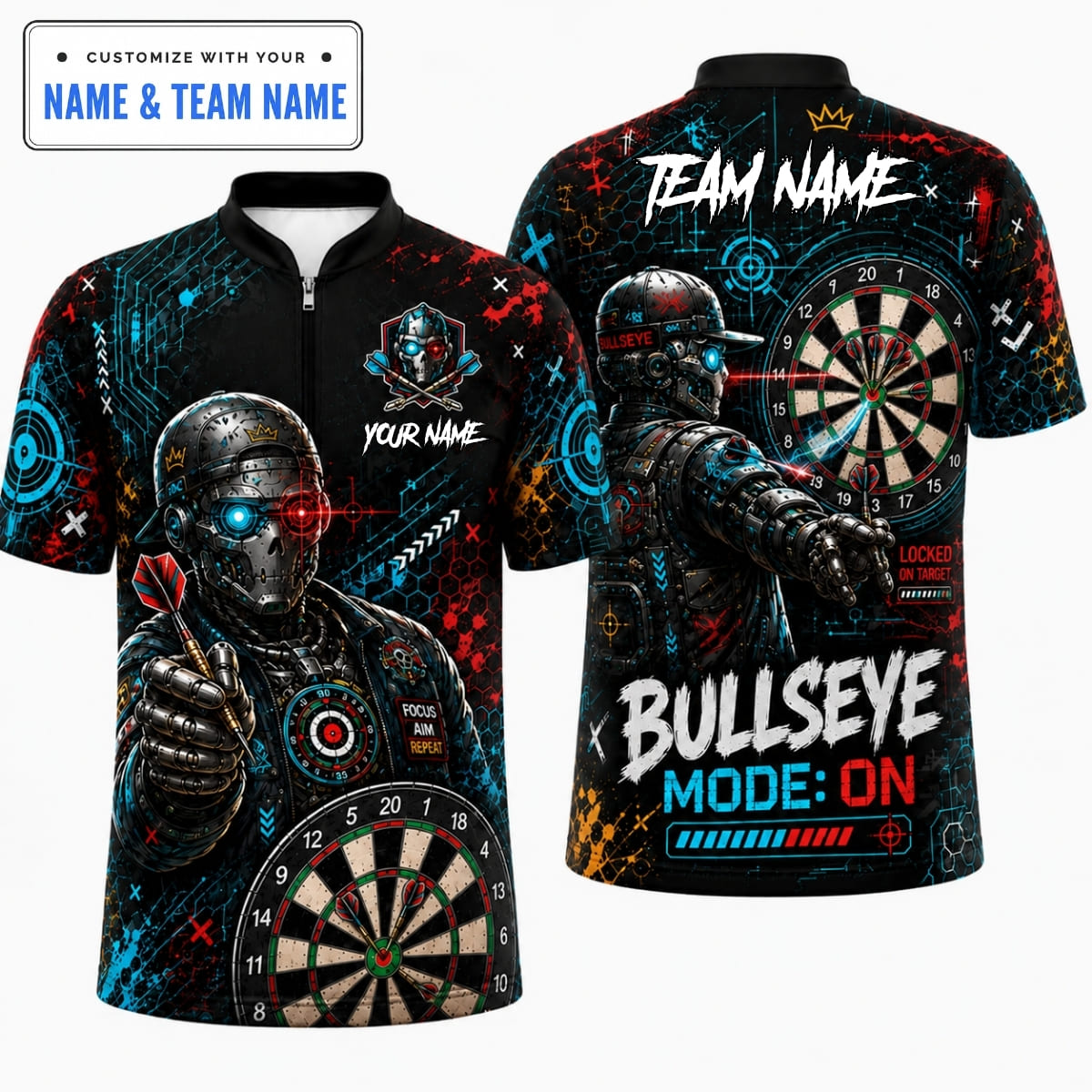 [4 Colors] Personalized Cyberpunk Robot Bullseye Mode On Darts Shirt – Custom Name & Team Name