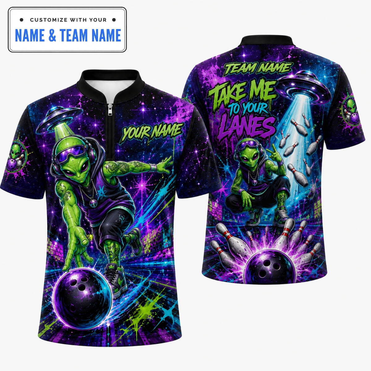 Personalized Alien Take Me To Your Lanes Bowling Shirt – Custom Name & Team Name