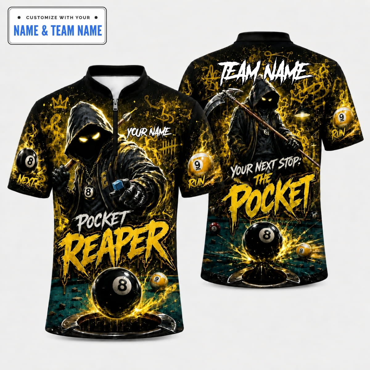 [5 Colors] Personalized Dark Reaper Hustler Your Next Stop The Pocket Billiards Shirt – Custom Name & Team Name