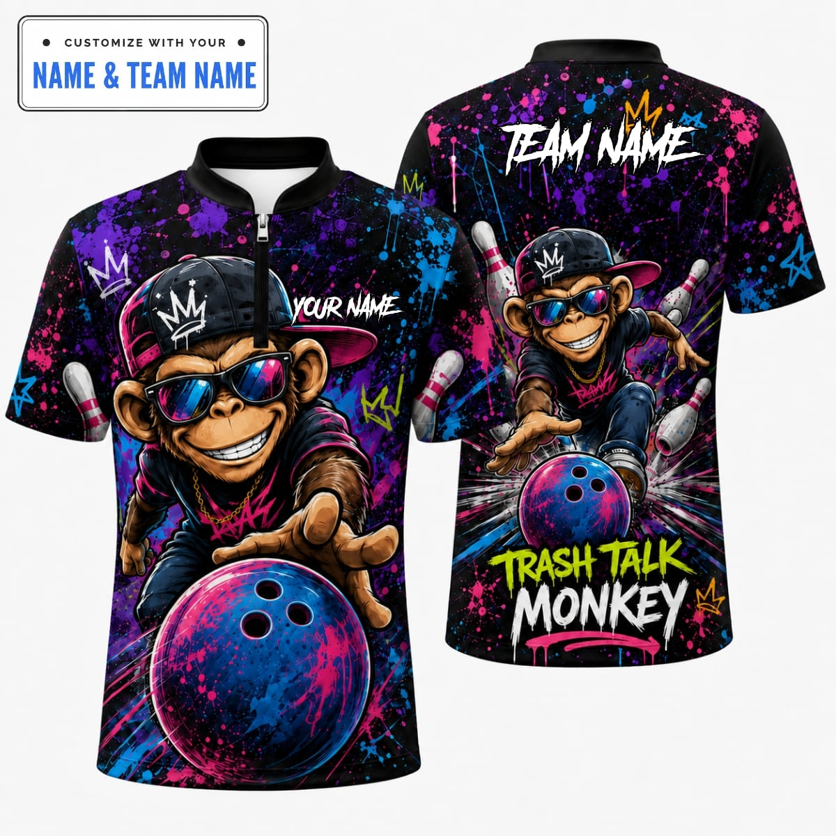 [5 Colors] Personalized Badass Monkey Trash Talk Bowling Shirt – Custom Name & Team Name