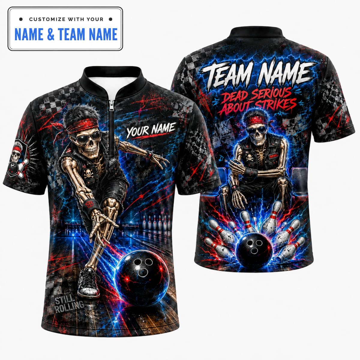 Personalized Biker Skeleton Dead Serious About Strikes Bowling Shirt – Custom Name & Team Name
