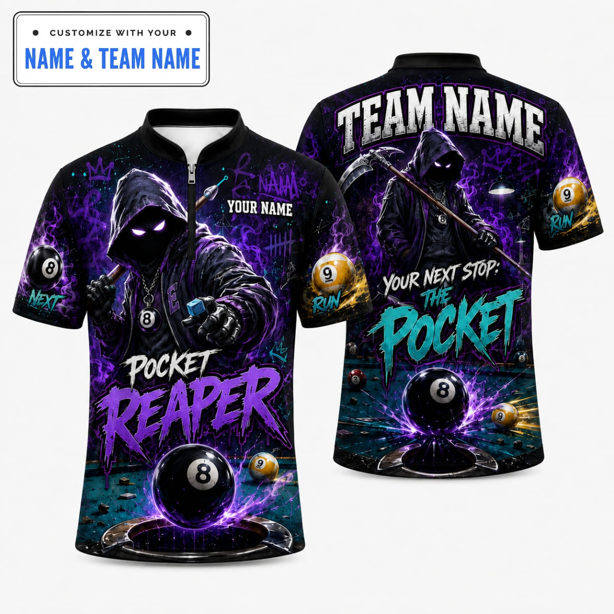 Personalized Dark Reaper Hustler Your Next Stop The Pocket Billiards Shirt – Custom Name & Team Name