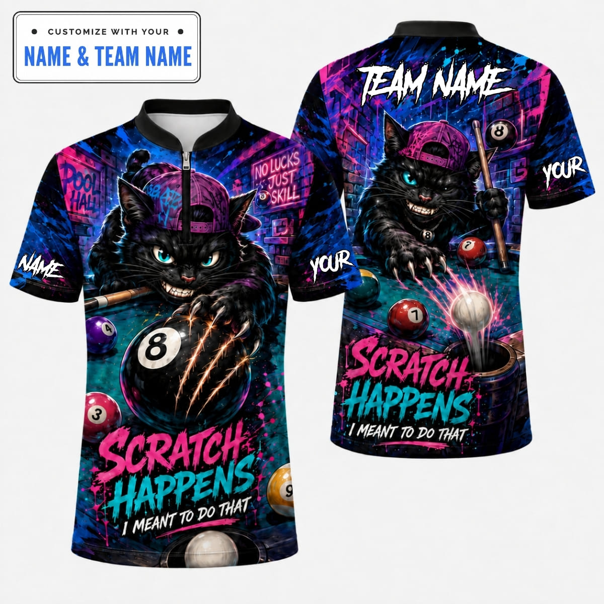 [5 Colors] Personalized Black Cat Mascot Scratch Happens Billiards Shirt – Custom Name & Team Name