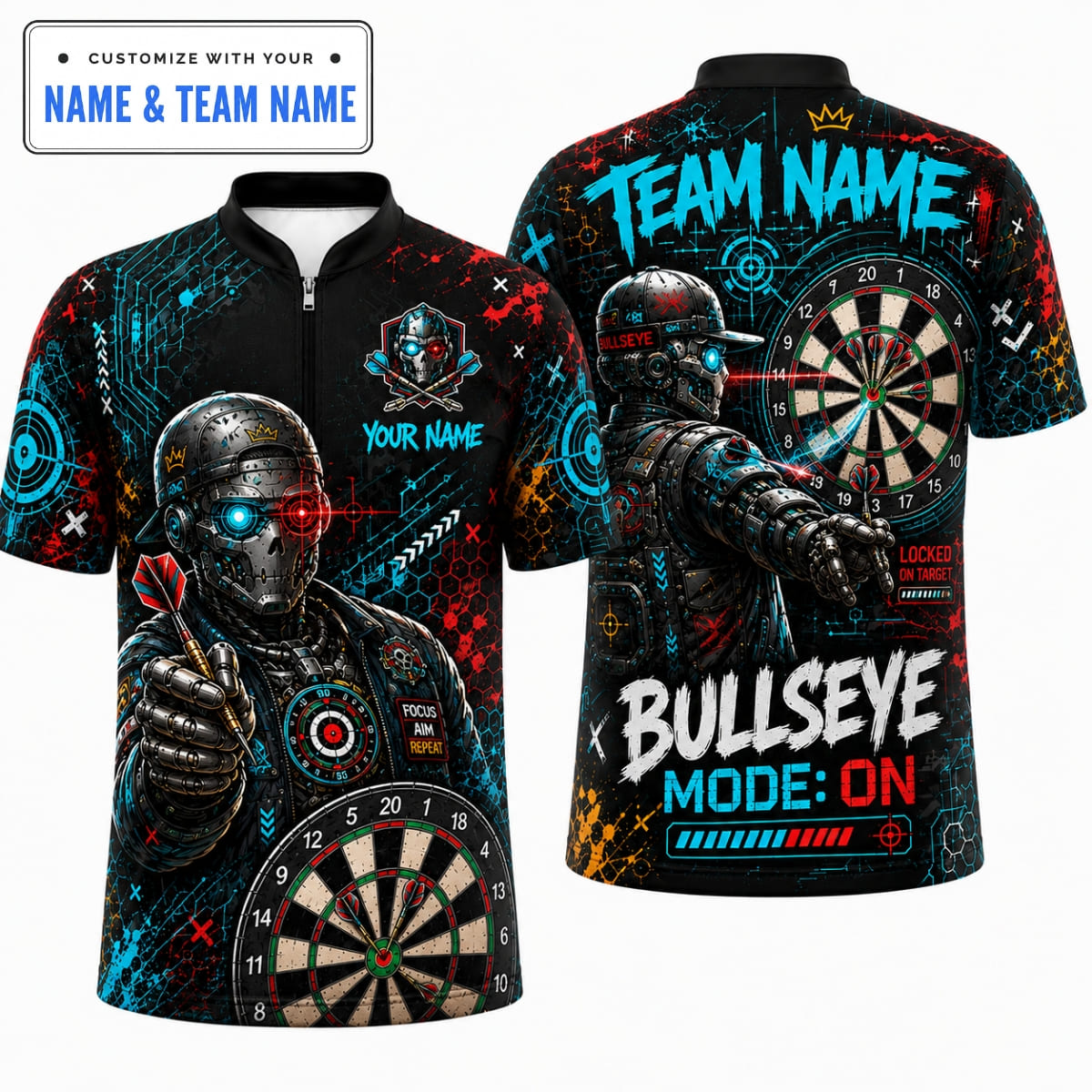 Personalized Cyberpunk Robot Bullseye Mode On Darts Shirt – Custom Name & Team Name