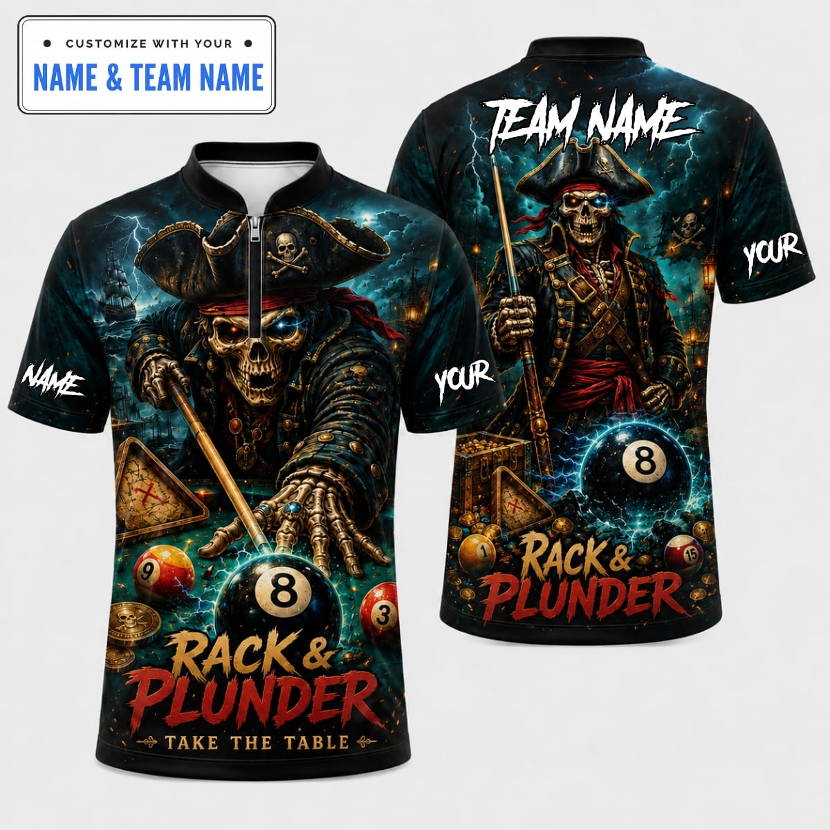 [5 Colors] Personalized Pirate Captain Skull 8-Ball Billiards Shirt – Custom Name & Team Name