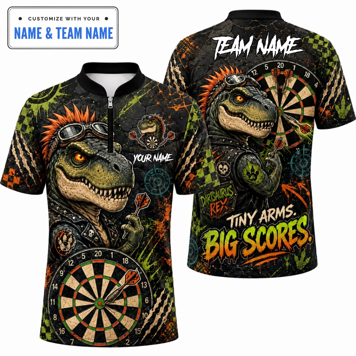 Personalized T-Rex Tiny Arms Big Scores Darts Shirt – Custom Name & Team Name