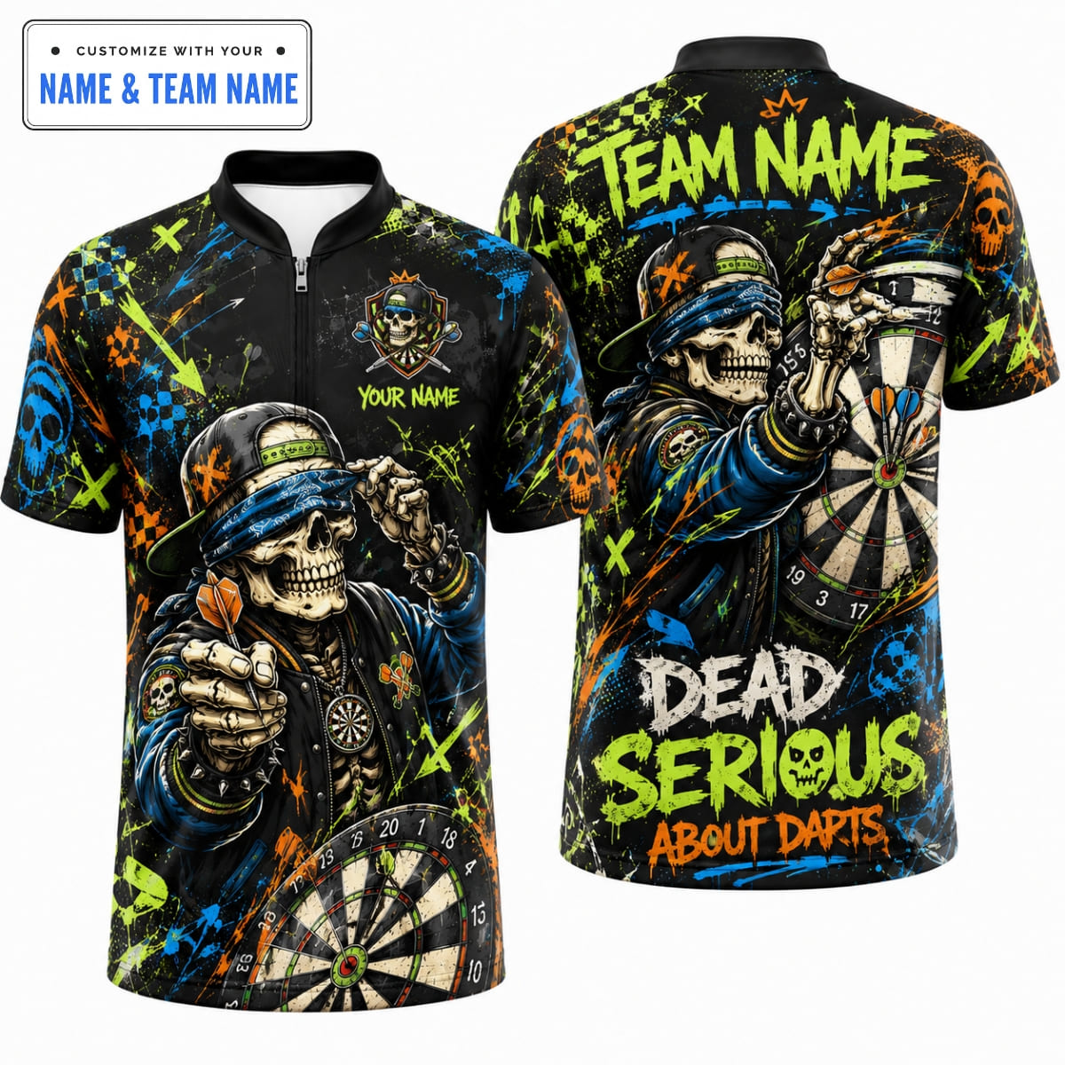 Personalized Blindfolded Skull Dead Serious About Darts Shirt – Custom Name & Team Name