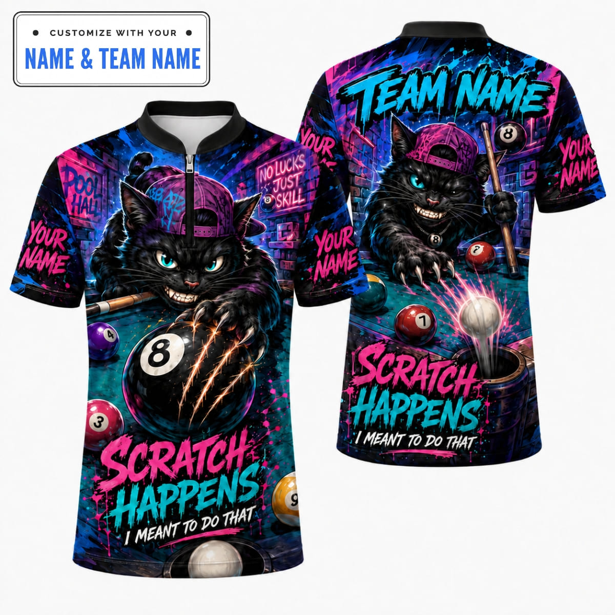 Personalized Black Cat Mascot Scratch Happens Billiards Shirt – Custom Name & Team Name
