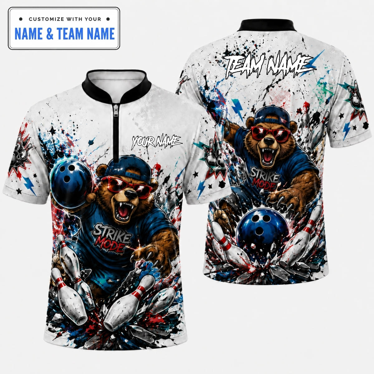 [5 Colors] Personalized Bear Strike Mode Bowling Shirt – Custom Name & Team Name
