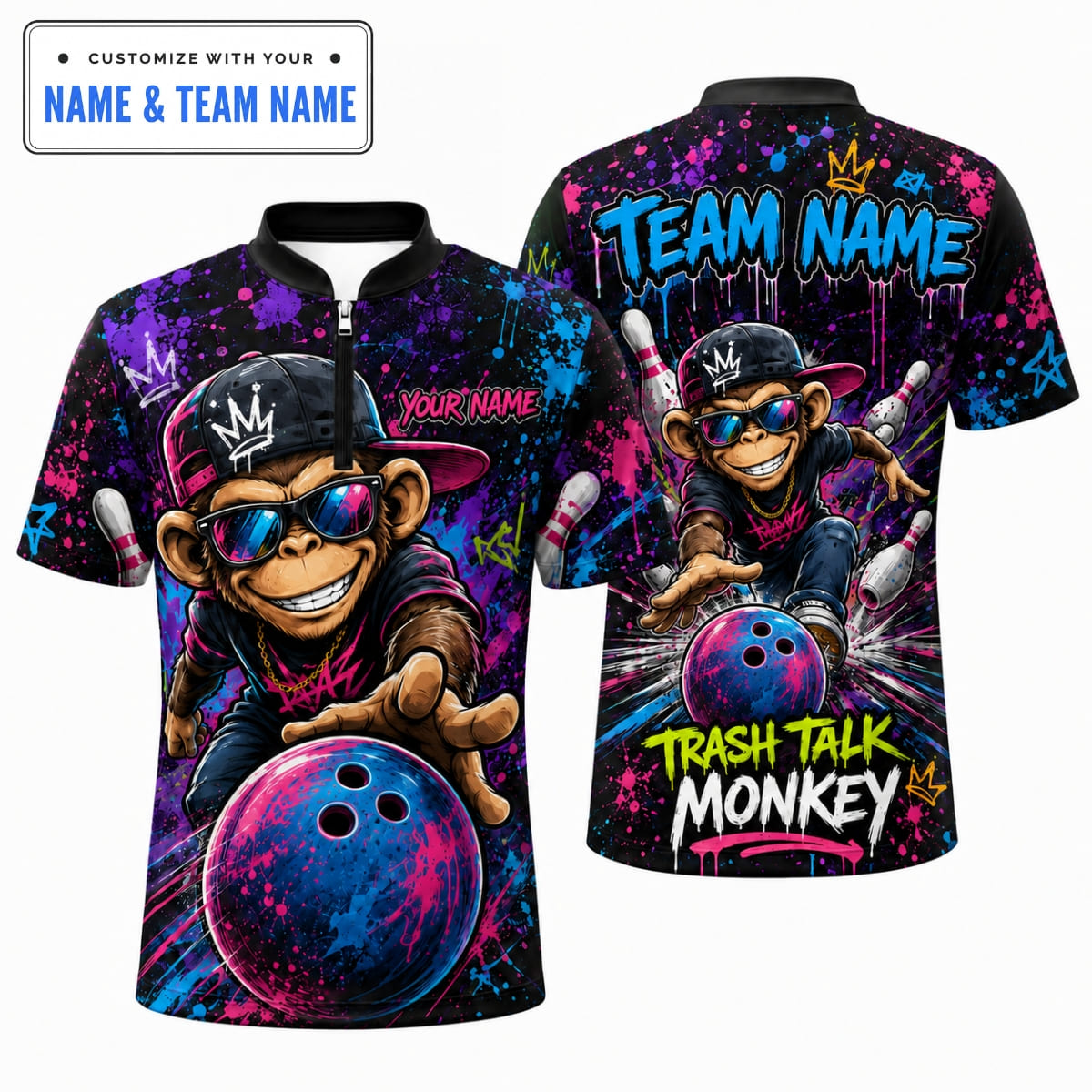 Personalized Badass Monkey Trash Talk Bowling Shirt – Custom Name & Team Name