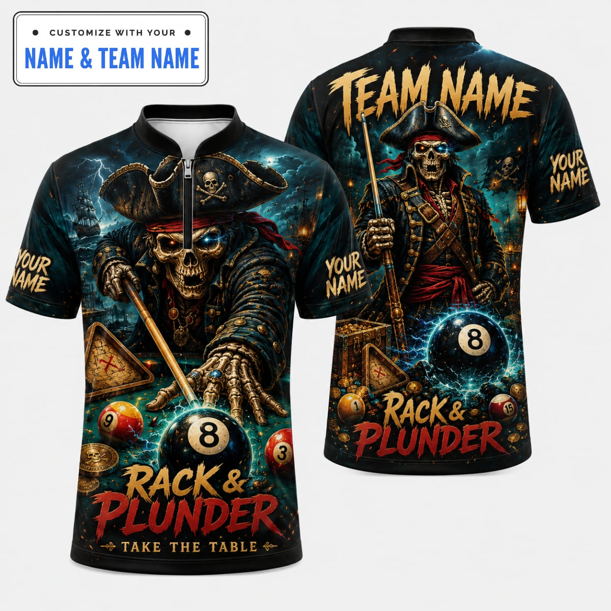Personalized Pirate Captain Skull 8-Ball Billiards Shirt – Custom Name & Team Name