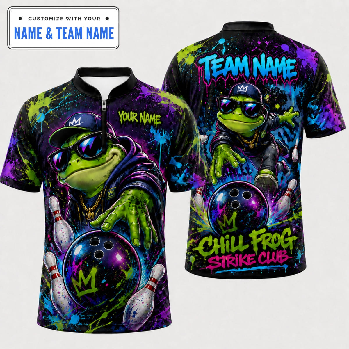 Personalized Hip Hop Chill Frog Strike Club Bowling Shirt – Custom Name & Team Name
