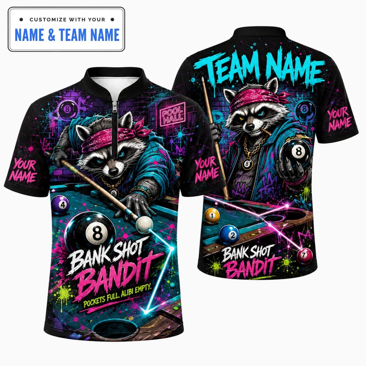 Personalized Raccoon Bank Shot Bandit Billiards Shirt – Custom Name & Team Name