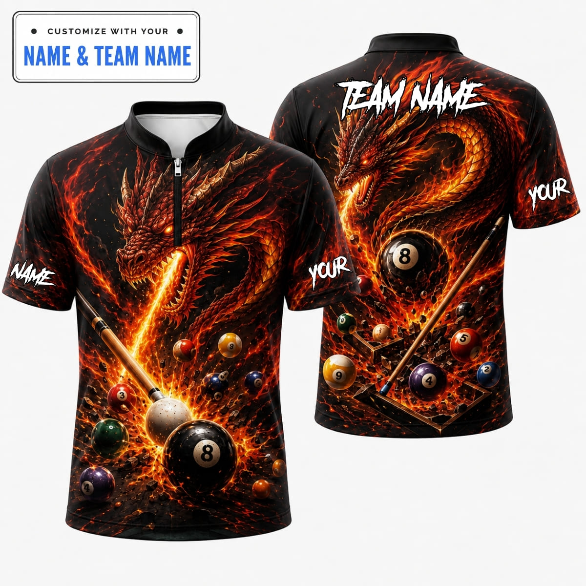 [5 Colors] Personalized Flaming Dragon Pool Cue 8 Ball Billiards Shirt – Custom Name & Team Name
