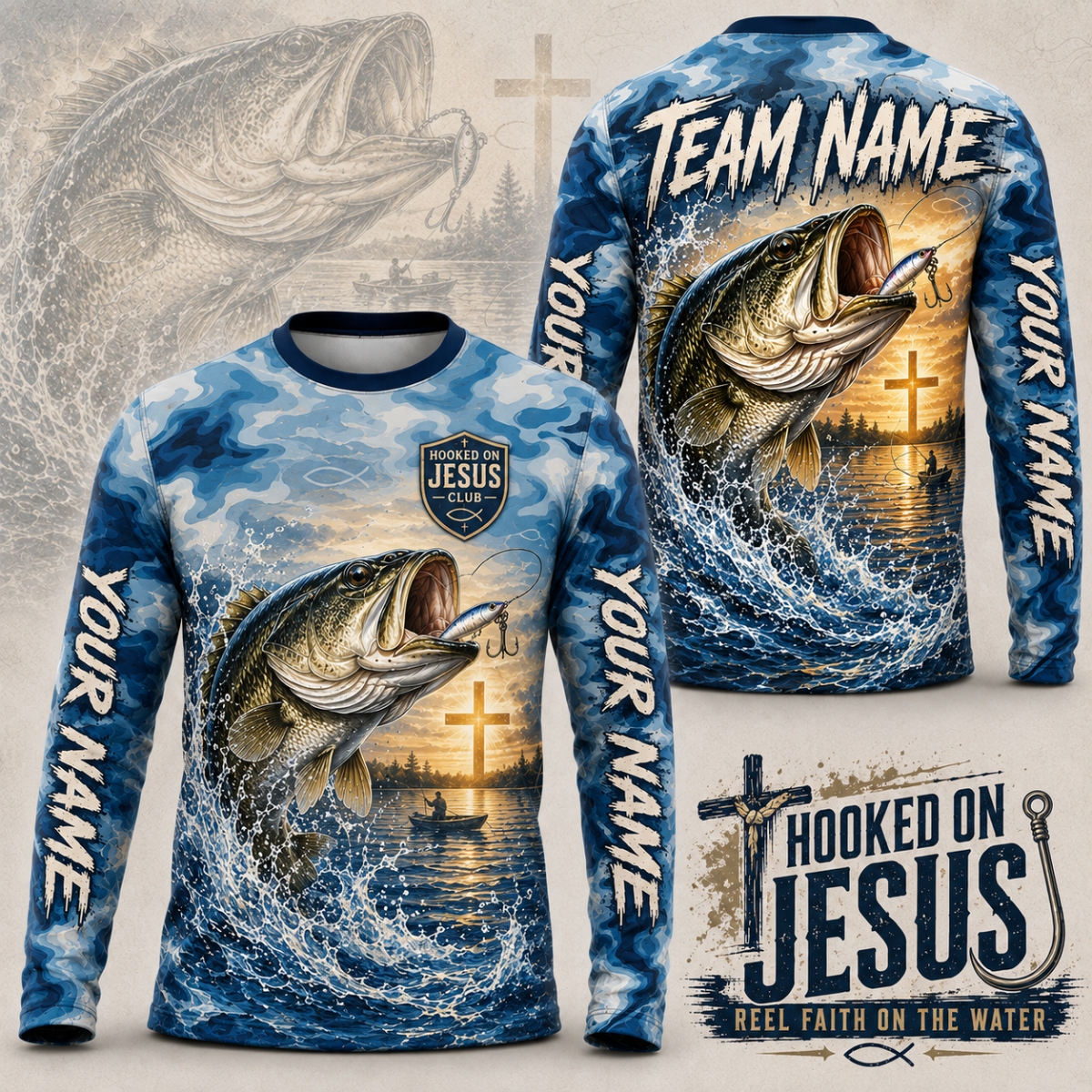 (12 Fish Types) Personalized Hooked on Jesus Club Fishing Shirt – Custom Name & Team Name