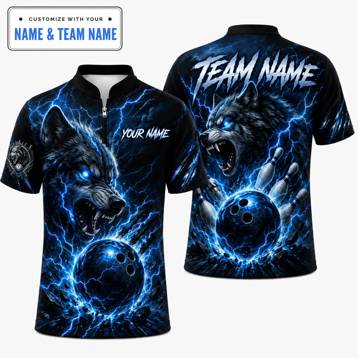 Personalized Fierce Wolf Lightning Bowling Shirt – Custom Name & Team Name