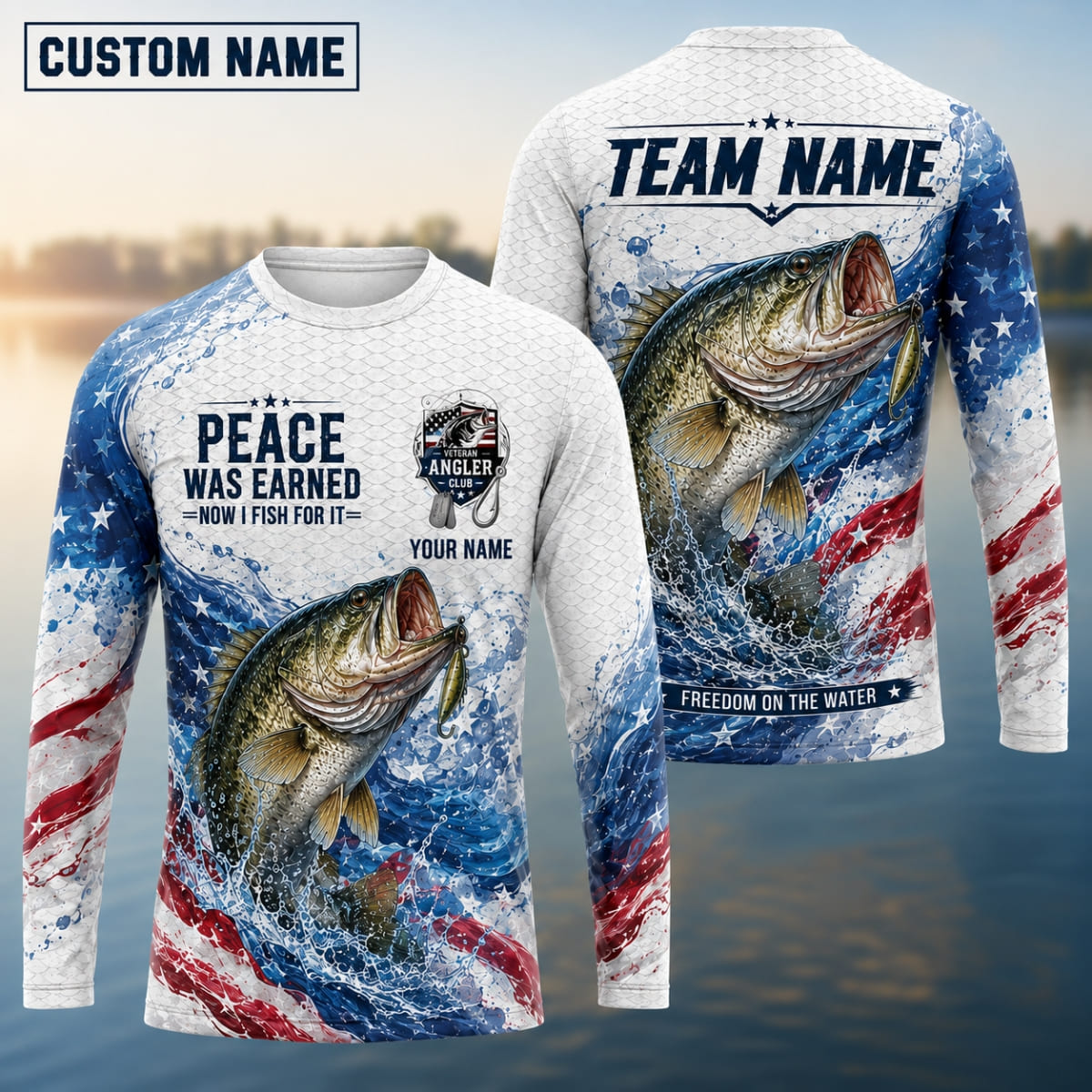 (12 Fish Types) Personalized Veteran Angler American Flag Fishing Shirt – Custom Name & Team Name