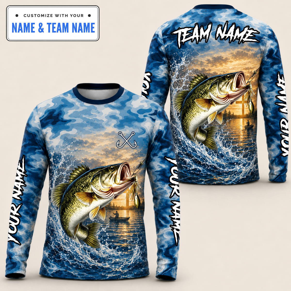 (12 Fish Types) Personalized Abstract Water Wave Jumping Fish Sunset Lake Fishing Shirt – Custom Name & Team Name FS08