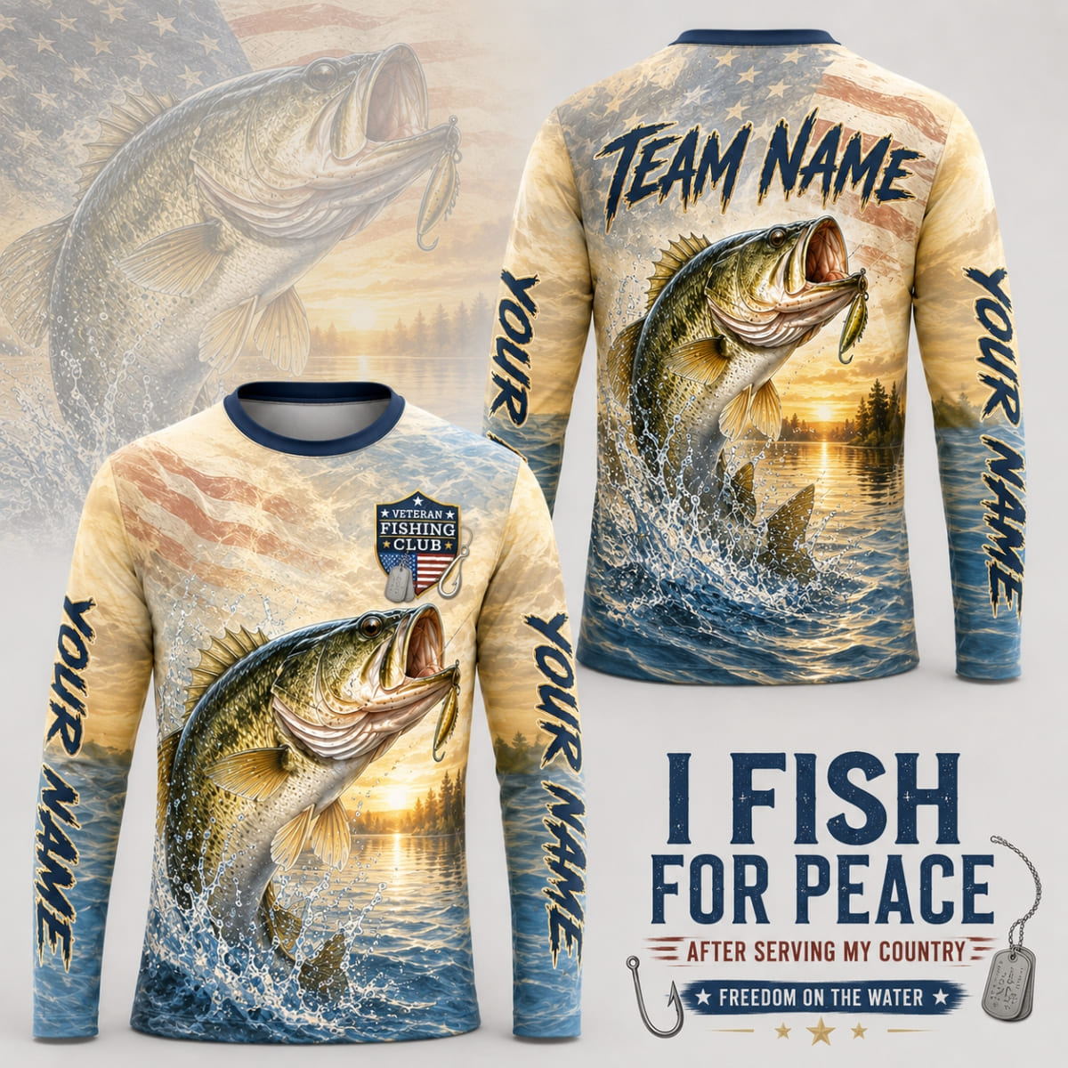 (12 Fish Types) Personalized Vibrant Wilderness Sunset Lake Fishing Shirts – Custom Name & Team Name