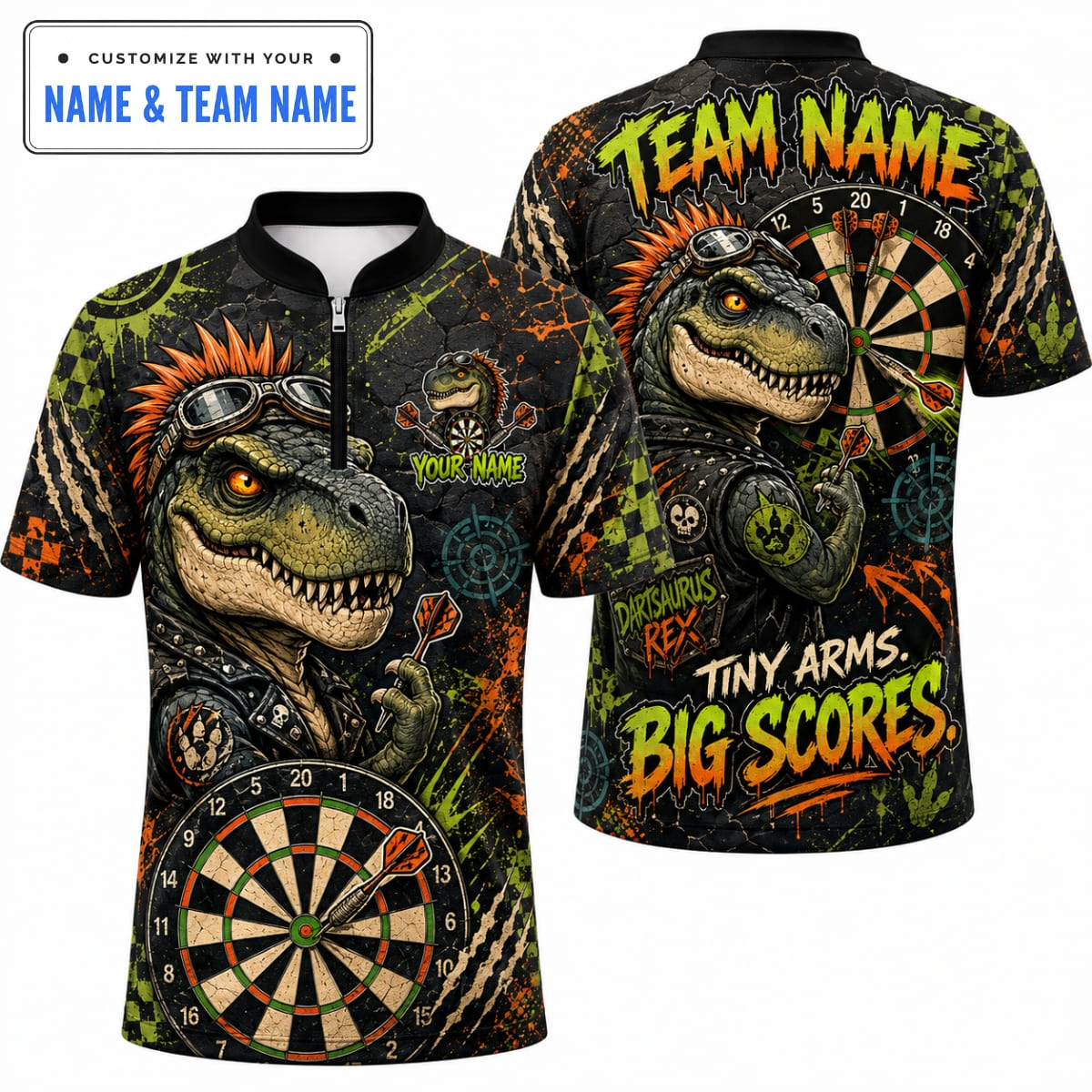 Personalized T-Rex Tiny Arms Big Scores Darts Shirt – Custom Name & Team Name